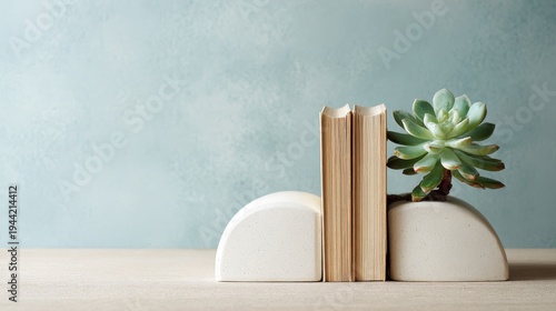 Elegant Modern Shelf Display with Succulent Plant and Books against Textured Blue Background for Home Decor Inspiration