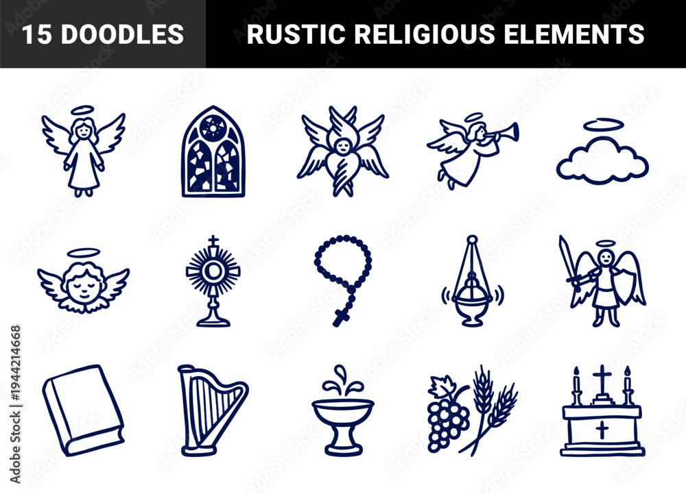 Obraz premium Hand-drawn Christian religious symbols and angelic figures in a naive doodle style for spiritual branding and church education materials.