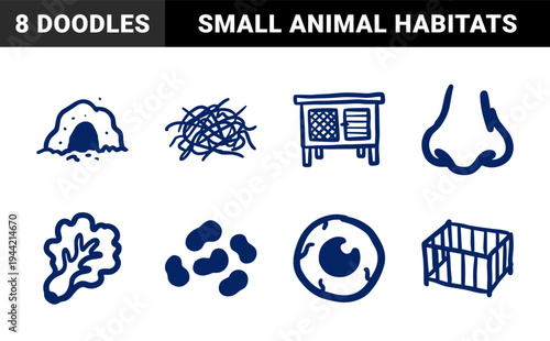 Hand-drawn pet care and small animal habitat elements. Rustic, naive marker sketch illustrations featuring rabbit hutch, burrow, and forage concepts.