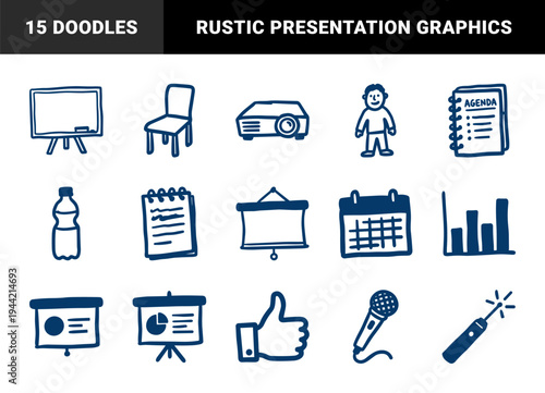 Hand-drawn business presentation and office meeting elements in a naive doodle style. Rustic marker sketch illustrations for corporate training and workshops.