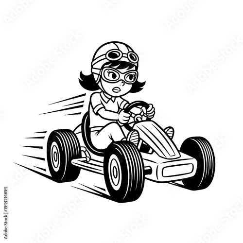 Girl racing go-kart with determined expression.