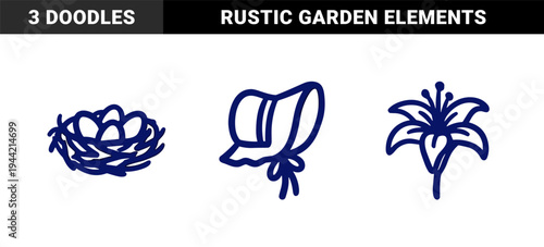 Hand-drawn spring and easter elements in a rustic naive doodle style. Minimalist blue ink sketch of a bird nest, garden bonnet, and lily flower.