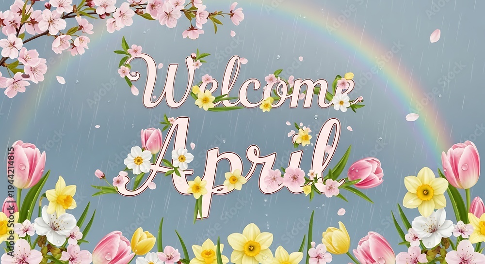 Obraz premium Welcome April floral illustration with a rainbow and rain