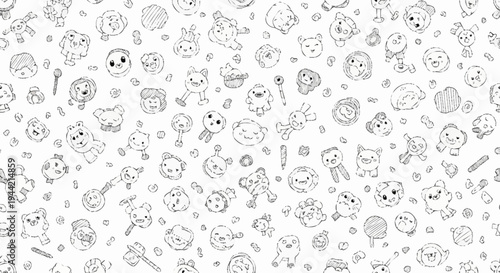 Cute Doodle Characters Seamless Pattern Hand Drawn.