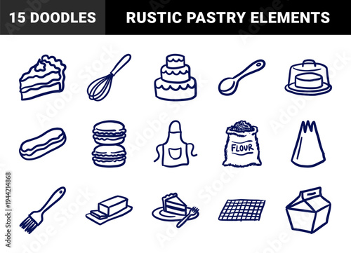 Hand-drawn baking and pastry elements for rustic kitchen branding. Naive marker sketch illustrations featuring cakes, whisk, flour, and culinary tools.
