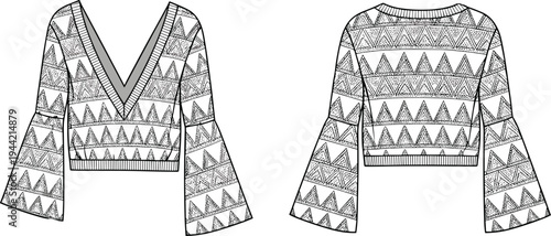 Cropped sweater sketch, deep V-neck fashion illustration, bell sleeve garment design template, apparel construction drawing, clothing pattern reference, geometric triangle outfit silhouette