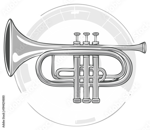 Illustration of a silver cornet musical instrument in a simple circular graphic