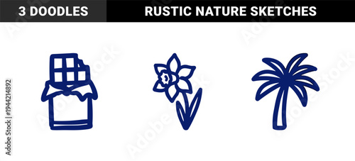 Hand-drawn organic summer elements in a naive blue marker sketch style featuring a chocolate bar, daffodil flower, and tropical palm tree.