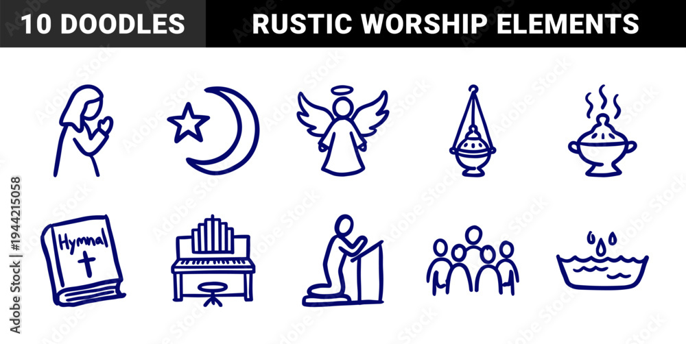 Obraz premium Hand-drawn religious and spiritual symbols for church community branding. Rustic, naive marker sketch illustrations featuring worship and faith concepts.