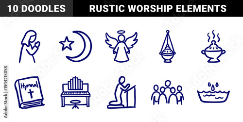 Hand-drawn religious and spiritual symbols for church community branding. Rustic, naive marker sketch illustrations featuring worship and faith concepts.