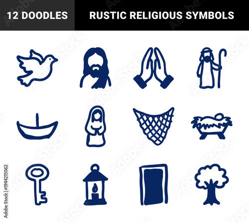 Hand-drawn biblical story elements and religious symbols for spiritual branding. Rustic, naive marker sketch illustrations of Christian faith concepts.