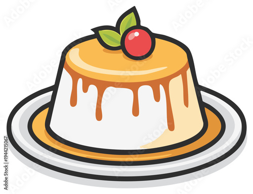 Delicious Caramel Pudding Dessert with Cherry and Mint Leaf