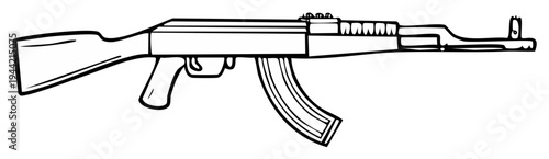 Black and White Illustration of an Assault Rifle, AK-47, Vector