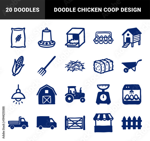 Hand-drawn poultry farming and chicken coop elements for rustic brand identity. Naive marker sketch illustrations featuring organic egg production.