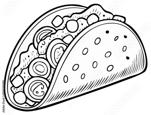 Taco Sketch Illustration of a Mexican Dish with Filling and Toppings in a Shell
