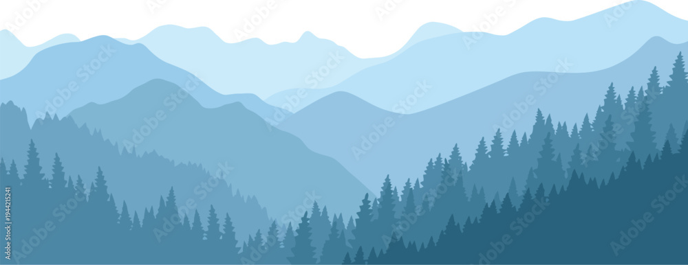 Obraz premium Misty blue mountain landscape with pine trees and clear sky background with mountains with landscape