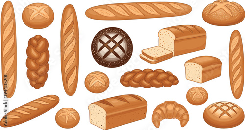 Fresh bakery bread vector set with baguette, loaf, croissant, rolls and pastry cartoon food illustration collection
