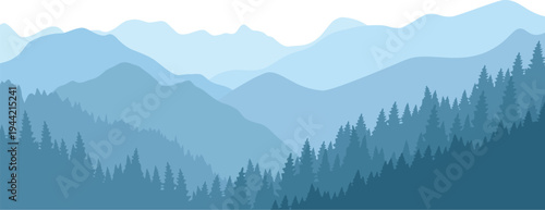 Misty blue mountain landscape with pine trees and clear sky background with mountains with landscape