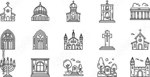 Religious architecture icon set, temple church cathedral artwork, ceremonial vector design, bold graphic symbol, black white illustration