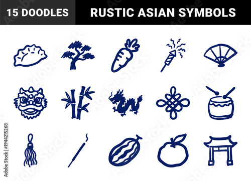 Lunar New Year and East Asian cultural elements in a naive marker sketch style. Rustic hand-drawn symbols featuring dragon, lantern, and bamboo.