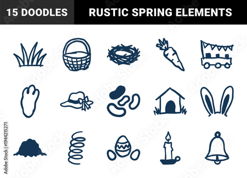 Rustic hand-drawn Easter and springtime garden doodles for organic holiday branding. Naive marker sketch illustrations featuring bunnies and eggs.