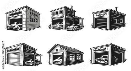 Collection of Six Different Garage Designs with Cars.