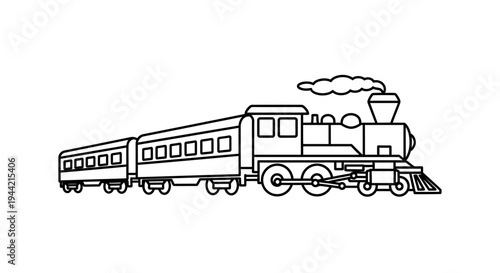 Classic steam train with passenger cars line art drawing. Vintage railway locomotive outline illustration for transport and travel design.