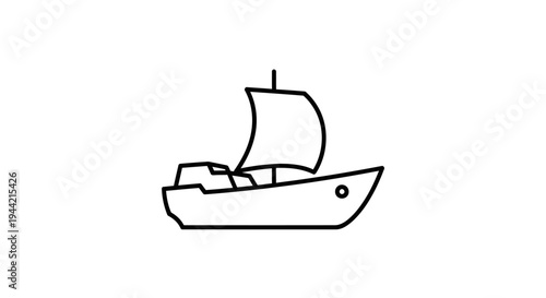 Minimalist sailboat icon, simple vector line art drawing of a marine vessel for travel, transport, and adventure