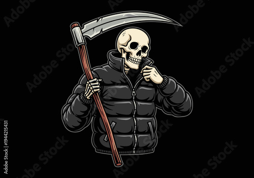 Grim Reaper Skeleton Wearing Puffer Jacket Holding Scythe.