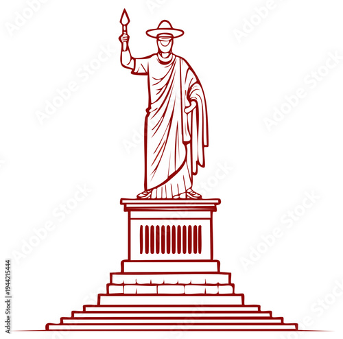 Symbolic modern monument of a figure in a classical robe mask and hat holding a spear