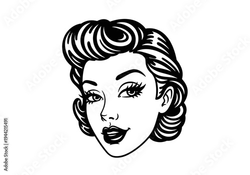 Vintage Woman Portrait with Classic Hairstyle and Makeup.