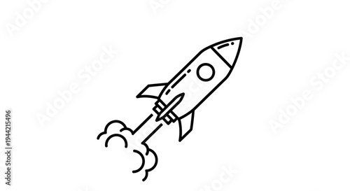 Black and white line art vector icon of a flying rocket with smoke trail. Symbolizing launch, startup, success, innovation, and future.