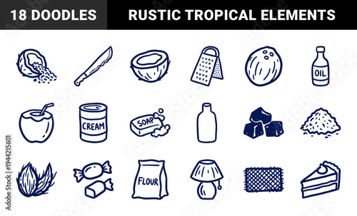 Hand-drawn coconut processing and tropical product elements featuring rustic naive marker sketch illustrations for organic branding.