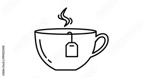 Steaming hot tea with a tea bag in a ceramic teacup, line art icon illustration. Warm beverage graphic.