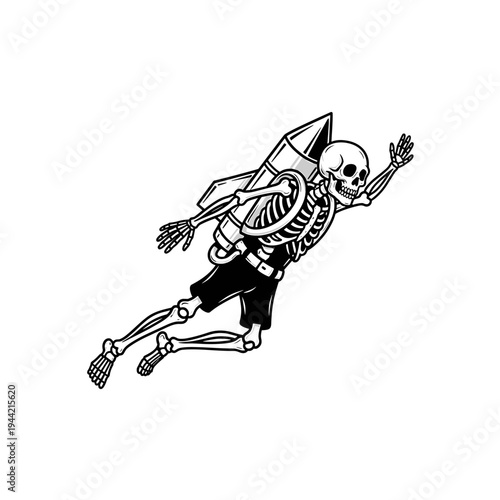 Skeleton Flying With Jetpack Illustration.