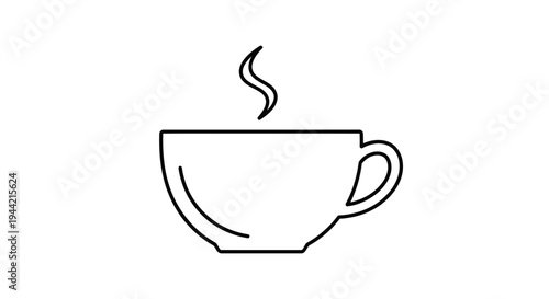 Simple line art vector icon of a steaming hot coffee or tea cup, minimalist black outline graphic symbol for beverages.