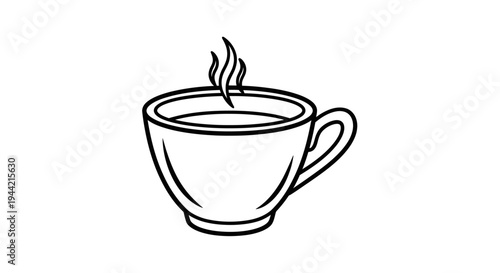 Hot drink cup with rising steam, minimalist monochrome line art vector icon. Steaming mug illustration for coffee or tea.