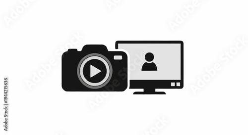 Digital Camera and Computer Monitor with Play Button Icon.