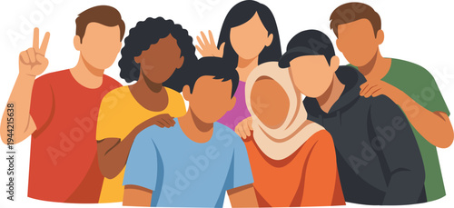 Flat vector illustration of a diverse group of friends posing together. Concept of friendship, diversity, community, and social connection.