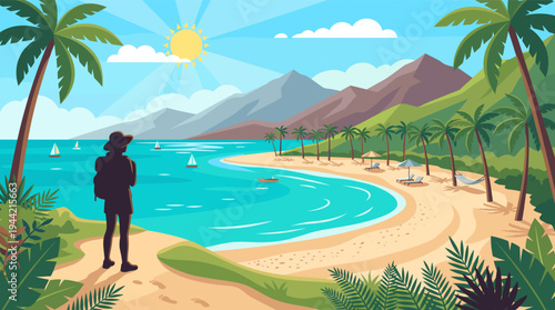 A vector illustration of a lone traveler admiring a turquoise ocean view from a tropical island beach, with palm trees, mountains, and clear skies under a bright sun.