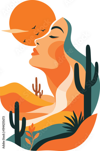 Woman Face with Desert Landscape Flat Illustration