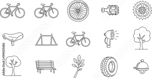 Collection of bicycle parts and outdoor icons in a simple line art style