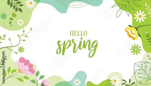 Hello spring banner with colorful flowers, leaves and abstract shapes, spring, season, flowers