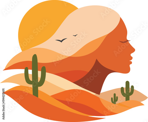 Woman Silhouette in Desert Landscape Flat Vector Illustration.