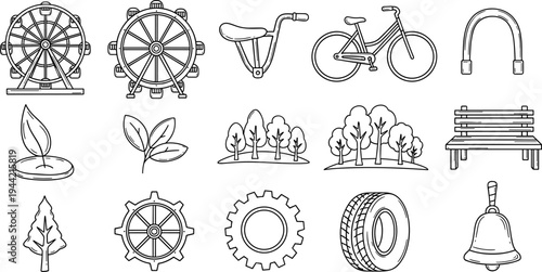 Collection of simple line art icons representing nature, industry, and leisure activities