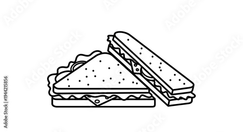 Black and white line art illustration of assorted sandwiches, including a triangular club sandwich and a rectangular sub, food icon.