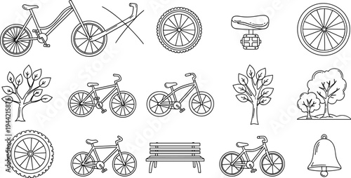 Collection of simple line art icons for cycling and nature themes
