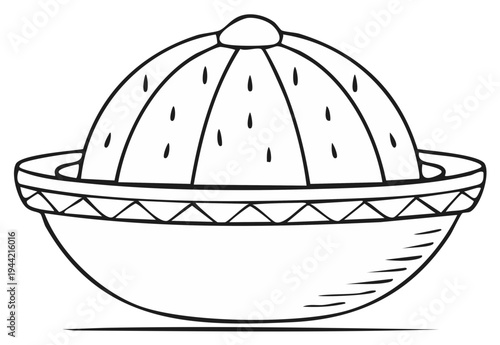 Black and white cartoon doodle of a large melon fruit in a decorative bowl