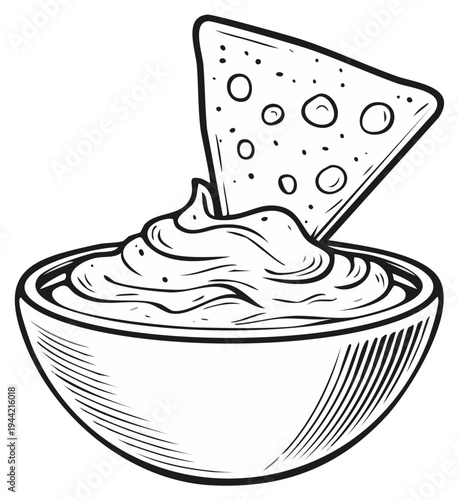 Hand drawn illustration of a single tortilla chip dipping into a bowl of creamy dip