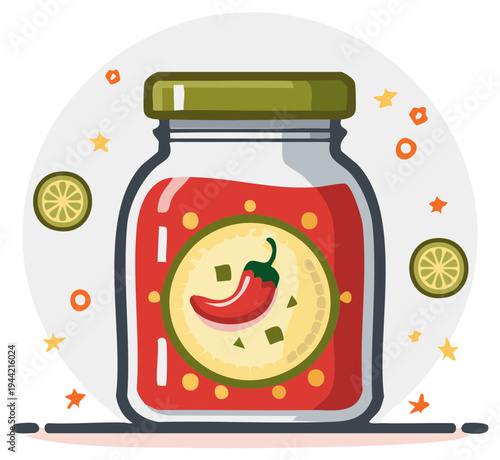 Chili Pepper Sauce in Jar with Lime Slices and Star Accents for Food Illustration